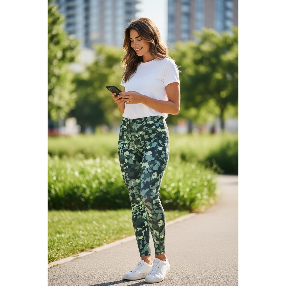 Avia Womens Green Floral Camo High Waist Active Leggings Pockets XL 16-18